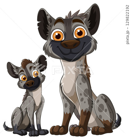 Cartoon Spotted Hyena Parent and Pup Sitting Together 129822192