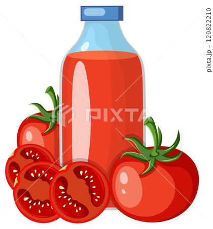 Bottle of Tomato Juice with Fresh Whole and Sliced Tomatoes 129822210