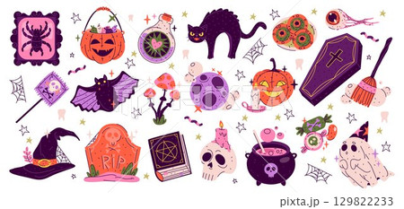 Set of vector Halloween sticker for autumn holiday. Horror or scary isolated symbol for spooky and creepy October festive. Pumpkin and ghost, cauldron and moon, vampire coffin, potion. Trick or treat. Set of vector Halloween sticker for autumn holiday. Horror or scary isolated symbol for spooky and creepy October festive. Pumpkin and ghost, cauldron and moon, vampire coffin, potion. Trick or treat. 129822233