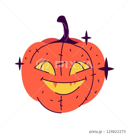 Halloween pumpkin face or jack o lantern. Vector carved gourd for autumn holiday, seasonal festive. Scary party symbol. Spooky and creepy vegetable for trick or treat tradition. Horror October icon. 129822273