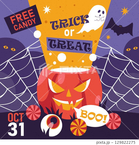 Vector Halloween party banner. Horror holiday poster. Scary invitational or greeting card for seasonal festive. Fall eerie flyer with ghost and pumpkin, trick or treat or sweets, confectionary. 129822275