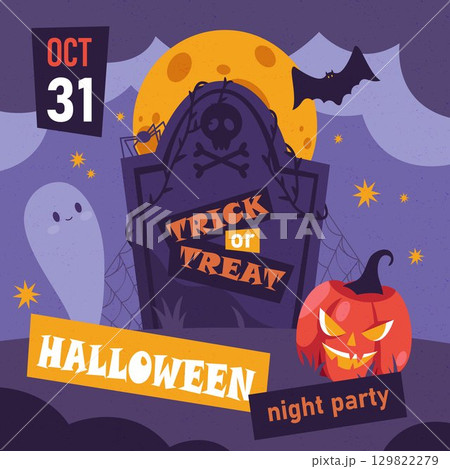 Halloween invitational flyer or autumn holiday banner. Vector seasonal festive greeting card with pumpkin or jack o lantern, grave tomb and moon. Night party for October festival. Trick or treat. 129822279