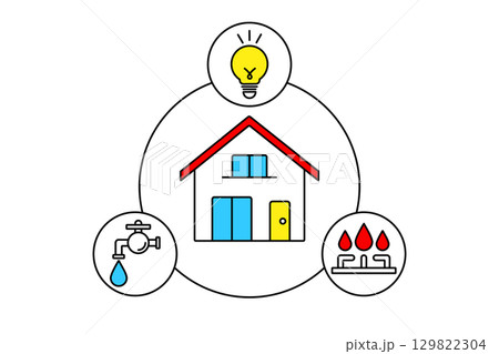 電気・水道・ガスといったインフラに囲まれた住宅のイラスト 129822304
