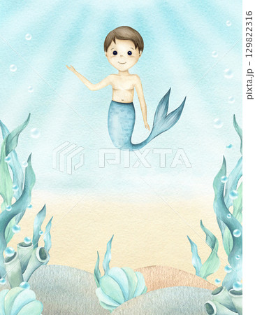 Watercolor frame with mermaid boy in underwater world. Children's illustration with seaweed, sea sponges, seashell, bubbles in turquoise colors. Template for invitation isolated on seascape, sun rays Watercolor frame with mermaid boy in underwater world. Children's illustration with seaweed, sea sponges, seashell, bubbles in turquoise colors. Template for invitation isolated on seascape, sun rays 129822316