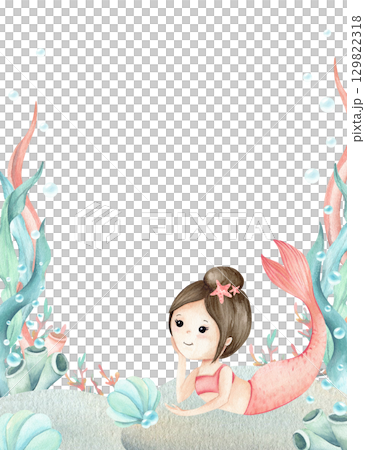 Children's illustration template with watercolor mermaid, underwater seaweed, corals, seashell and bubbles. Postcard frame isolated from background. For invitations to birthday party, baby shower Children's illustration template with watercolor mermaid, underwater seaweed, corals, seashell and bubbles. Postcard frame isolated from background. For invitations to birthday party, baby shower 129822318