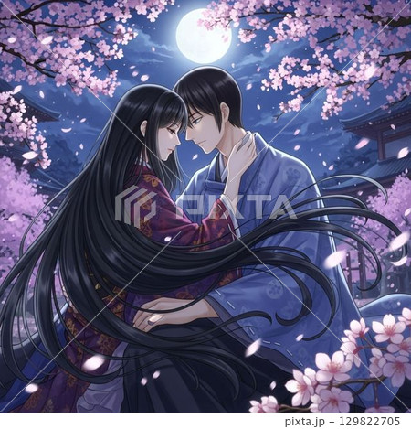 月よの桜の木の下で寄り添う恋人 129822705