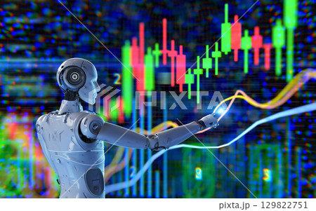 Financial technology concept with humanoid robot analyze stock market 129822751
