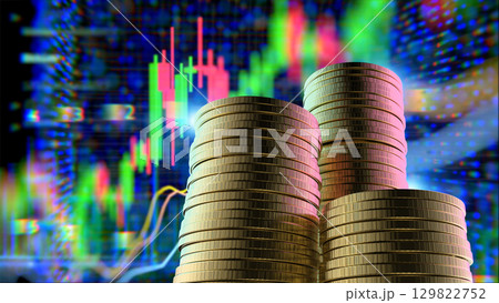 Gold price rising concept with stack of gold coins on business graph background 129822752