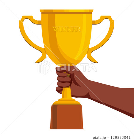 勝利の象徴 金色の優勝カップを持つ手のイラスト 黒人 トロフィーベクターデータ 白背景 勝利の象徴 金色の優勝カップを持つ手のイラスト 黒人 トロフィーベクターデータ 白背景 129823041