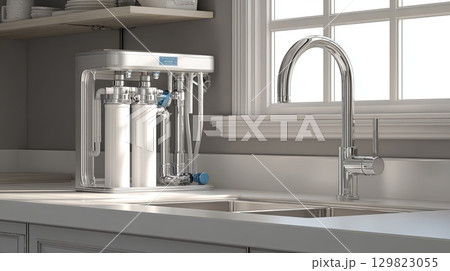 Reverse osmosis system purifying tap water in modern kitchen Reverse osmosis system purifying tap water in modern kitchen 129823055