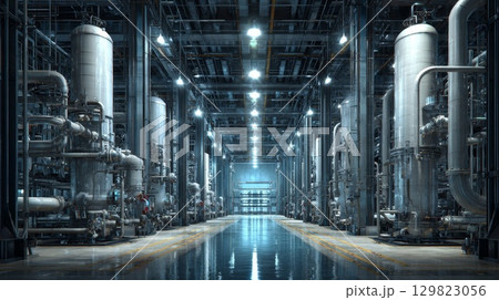 Industrial plant interior with pipes and tanks reflecting on wet floor 129823056