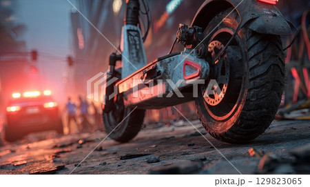 Electric scooter abandoned on city street after riot with police car approaching Electric scooter abandoned on city street after riot with police car approaching 129823065