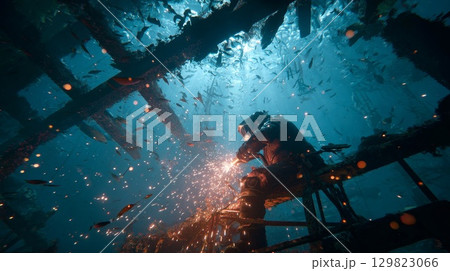 Commercial diver welding underwater shipwreck surrounded by fish 129823066