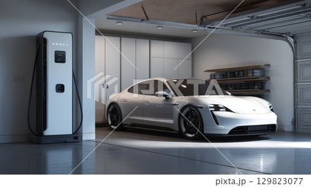 White porsche taycan charging in modern garage 129823077