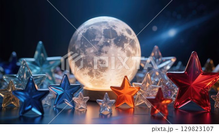 Glowing moon with colorful glass stars in night sky 129823107
