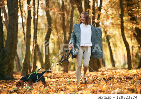 Walking together. Woman is with her cute dog in the autumn forest 129823274