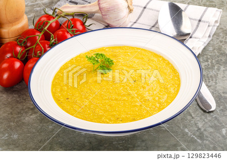 Vegetarian corn cream soup served parsley 129823446