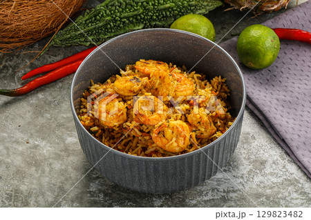 Indian cuisine - Biryani rice with prawn Indian cuisine - Biryani rice with prawn 129823482