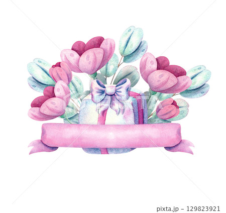 Gift box with bow surrounded by flowers with pink ribbon in pastel shades in naive style. Watercolor hand drawn illustration on isolated white background for holiday design. 129823921