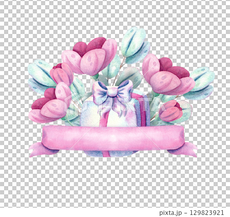 Gift box with bow surrounded by flowers with pink ribbon in pastel shades in naive style. Watercolor hand drawn illustration on isolated white background for holiday design. 129823921