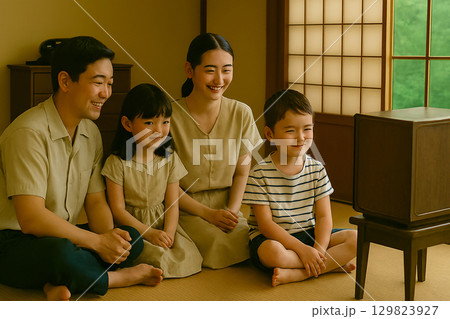 畳に座ってテレビを一緒に見る昭和の家族 畳に座ってテレビを一緒に見る昭和の家族 129823927