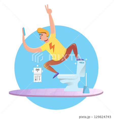 Happy Young man sitting on toilet and taking a selfie on phone. narcissism or social media addiction vector concept illustration. Teenager having fun in toilet room with toilet bowl and paper roll Happy Young man sitting on toilet and taking a selfie on phone. narcissism or social media addiction vector concept illustration. Teenager having fun in toilet room with toilet bowl and paper roll 129824743