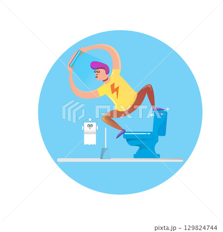 Happy Young man sitting on toilet and taking a selfie on phone. narcissism or social media addiction vector concept illustration. Teenager having fun in toilet room with toilet bowl and paper roll 129824744