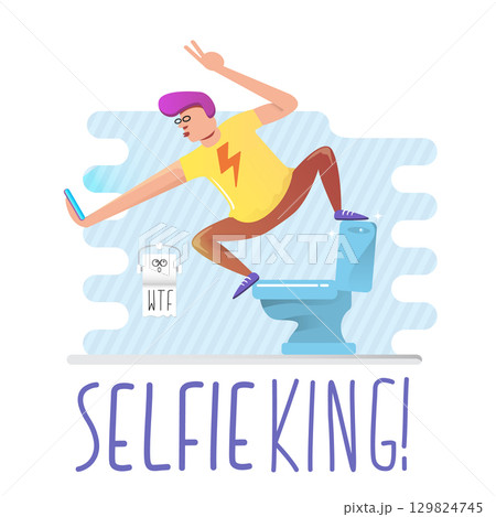 Happy Young man sitting on toilet and taking a selfie on phone. narcissism or social media addiction vector concept illustration. Teenager having fun in toilet room with toilet bowl and paper roll Happy Young man sitting on toilet and taking a selfie on phone. narcissism or social media addiction vector concept illustration. Teenager having fun in toilet room with toilet bowl and paper roll 129824745