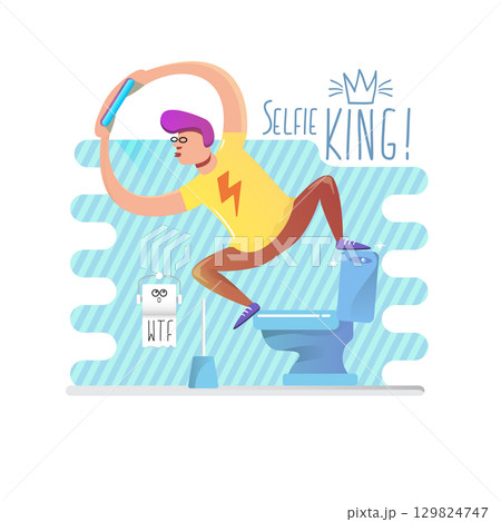 Happy Young man sitting on toilet and taking a selfie on phone. narcissism or social media addiction vector concept illustration. Teenager having fun in toilet room with toilet bowl and paper roll Happy Young man sitting on toilet and taking a selfie on phone. narcissism or social media addiction vector concept illustration. Teenager having fun in toilet room with toilet bowl and paper roll 129824747