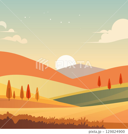A beautiful landscape with a sun setting in the background. The sky is filled with clouds and the sun is setting behind the mountains. The scene is peaceful and serene, with a sense of calmness A beautiful landscape with a sun setting in the background. The sky is filled with clouds and the sun is setting behind the mountains. The scene is peaceful and serene, with a sense of calmness 129824900
