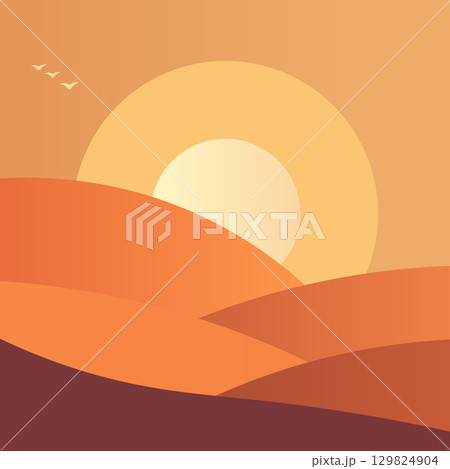 A painting of a desert with a sun in the sky and three birds flying in the background. The painting has a warm and peaceful mood, with the sun and birds representing freedom 129824904