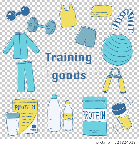 手繪訓練器材插圖集（藍色、黃色） 129824918