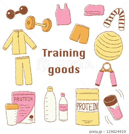 手描きテイストなトレーニンググッズのイラストセット(ピンク、イエロー) 129824919