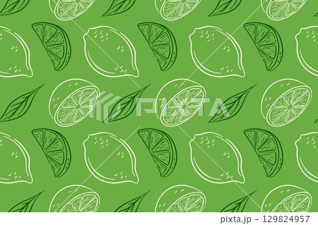 Colorful lemon pattern with citrus fruit and juicy slice in line art style. Seamless green background for package, wallpaper design, kitchen decor or fresh summer theme. 129824957