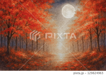 満月に照らされた紅葉の森の幻想的な水彩風イラスト 129824963