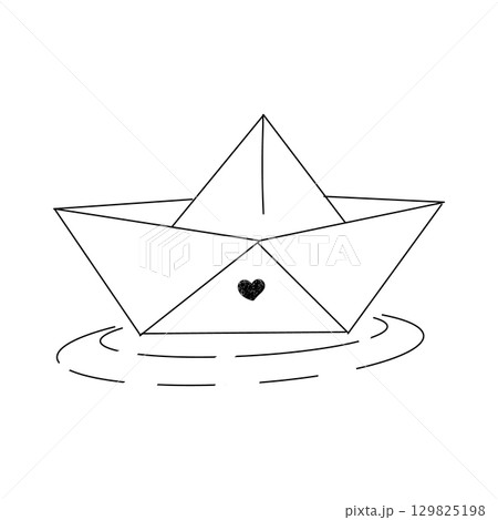 Paper boat with cute heart on water doodle hand drawn. Simple line origami sketch ship. Kids toy for lake or puddle. Paper boat with cute heart on water doodle hand drawn. Simple line origami sketch ship. Kids toy for lake or puddle. 129825198
