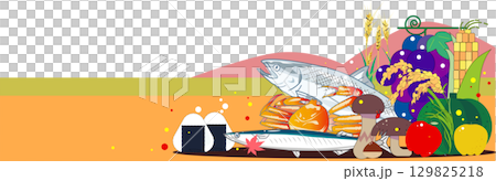 Background illustration of autumn flavors such as salmon, saury, pumpkin, matsutake mushroom, chestnut, etc. 129825218
