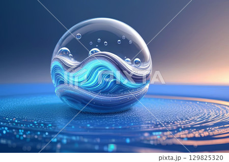 A glowing glass sphere with swirling blue waves inside, surrounded by a futuristic water surface A glowing glass sphere with swirling blue waves inside, surrounded by a futuristic water surface 129825320