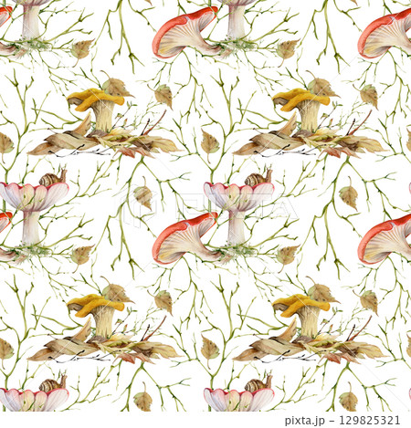 Golden chanterelle russula mushroom on top of fallen autumn leaves pile seamless pattern hand drawn in watercolor.Girolle cortinarius webcap fungi, natural brambles, twisting branches twigs net grid Golden chanterelle russula mushroom on top of fallen autumn leaves pile seamless pattern hand drawn in watercolor.Girolle cortinarius webcap fungi, natural brambles, twisting branches twigs net grid 129825321