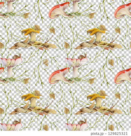 Golden chanterelle russula mushroom on top of fallen autumn leaves pile seamless pattern hand drawn in watercolor.Girolle cortinarius webcap fungi, natural brambles, twisting branches twigs net grid 129825321