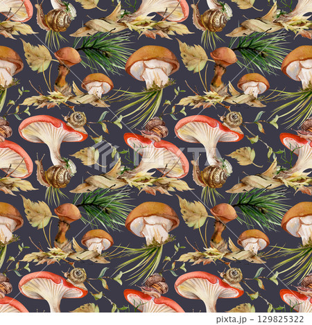 Russula suillus webcap larch bolete slippery jack mushroom. Crawling snail on cap, autumn leaves pile with twigs, pine needles. Fungi natural seamless pattern hand drawn in watercolor isolated on dark Russula suillus webcap larch bolete slippery jack mushroom. Crawling snail on cap, autumn leaves pile with twigs, pine needles. Fungi natural seamless pattern hand drawn in watercolor isolated on dark 129825322