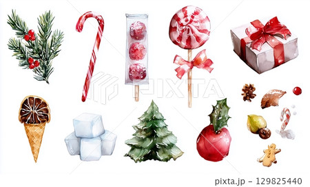 クリスマスの素材集、水彩画 129825440