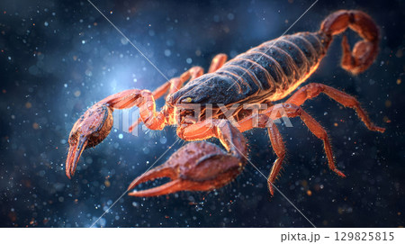 Scorpio zodiac sign illustration, detailed close-up of powerful scorpion with glowing effects on dark space background 129825815