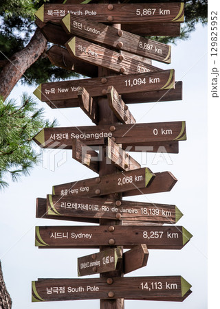 Wooden signpost with distances to various global cities and landmarks in Sejong, South Korea Wooden signpost with distances to various global cities and landmarks in Sejong, South Korea 129825952