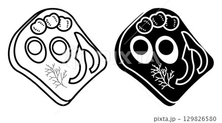 Linear icon. Mexican sandwich with avocado, tomatoes and eggs. Light healthy breakfast top view. Simple black and white vector isolated on white background Linear icon. Mexican sandwich with avocado, tomatoes and eggs. Light healthy breakfast top view. Simple black and white vector isolated on white background 129826580