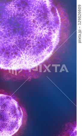 Bioluminescent purple cell-like structures with branching textures glowing on a dark blue background 129826609