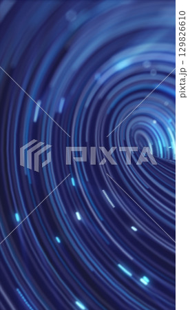 Spiraling rings of blue data light form a tunnel effect, creating a hypnotic visualization of movement through digital space 129826610