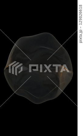 Dark abstract 3D blob with smooth reflective surface showing a distorted landscape sunset reflection 129826618