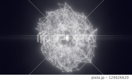 Dark abstract sphere made of glowing white nodes and geometric lines, resembling a minimalist digital data structure 129826620