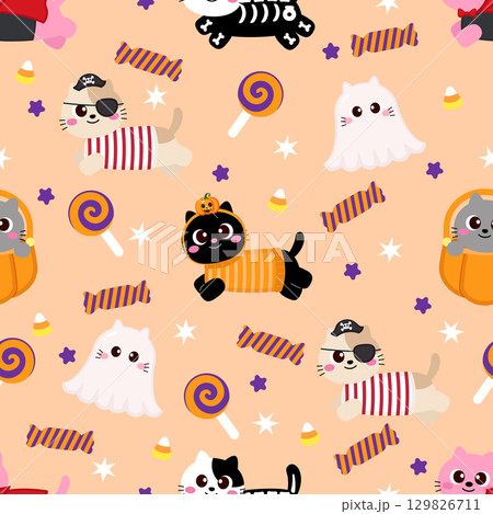 Cute Halloween costume cat seamless pattern Cute Halloween costume cat seamless pattern 129826711